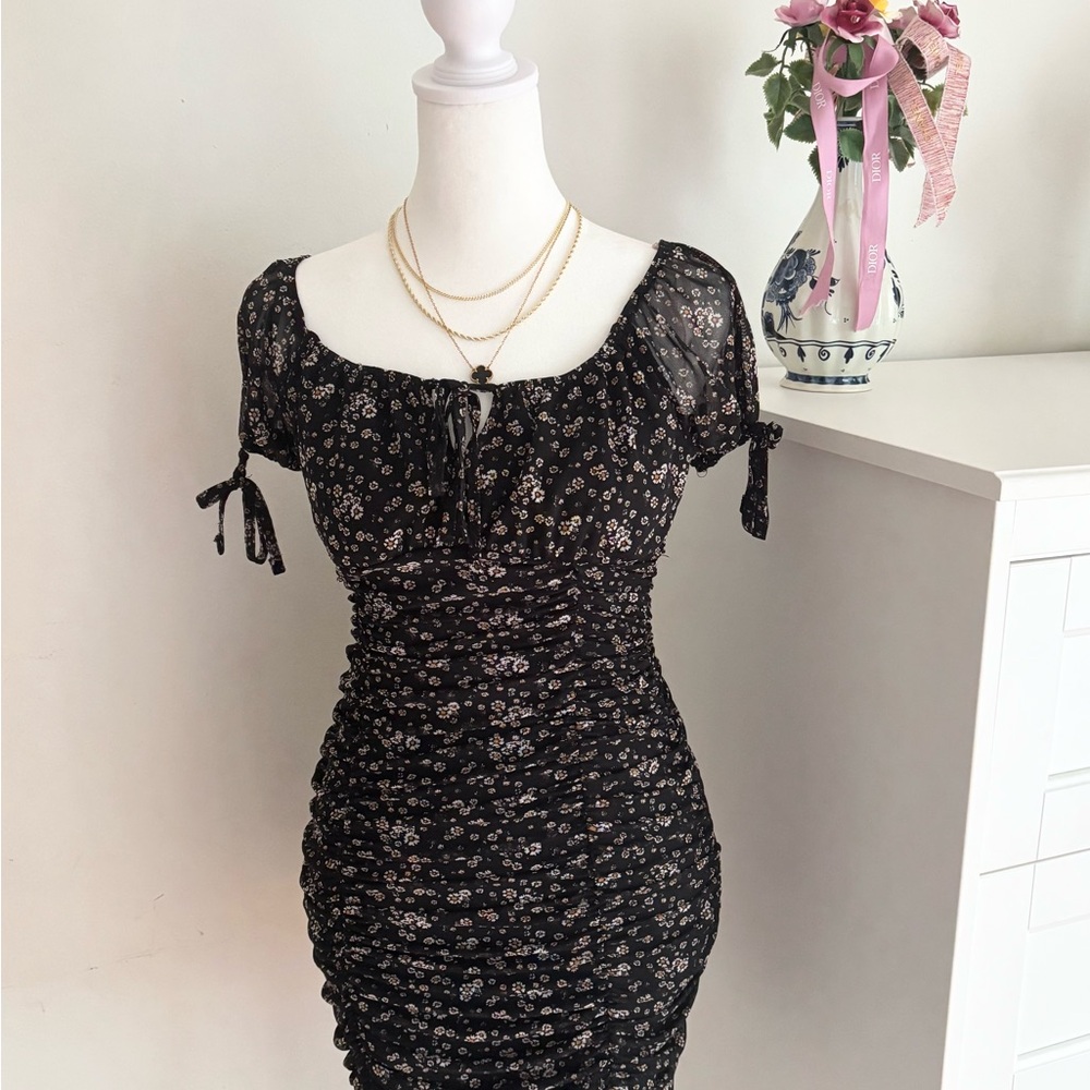 Black and White Ruched Tie Front Mini Dress